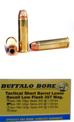 Buffalo Bore Handgun Ammunition 19F/20, 357 Magnum, Jacketed Hollow Point (JHP), 140 GR, 1150 fps, 20 Rd/Bx