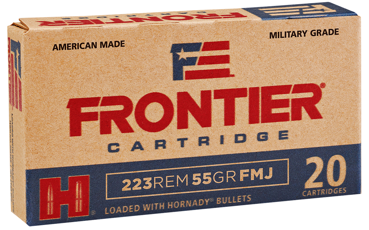 Hornady Frontier Rifle Ammunition FR100, 223 Remington, FMJ, 55 GR, 3240 fps, 20 Rds/bx