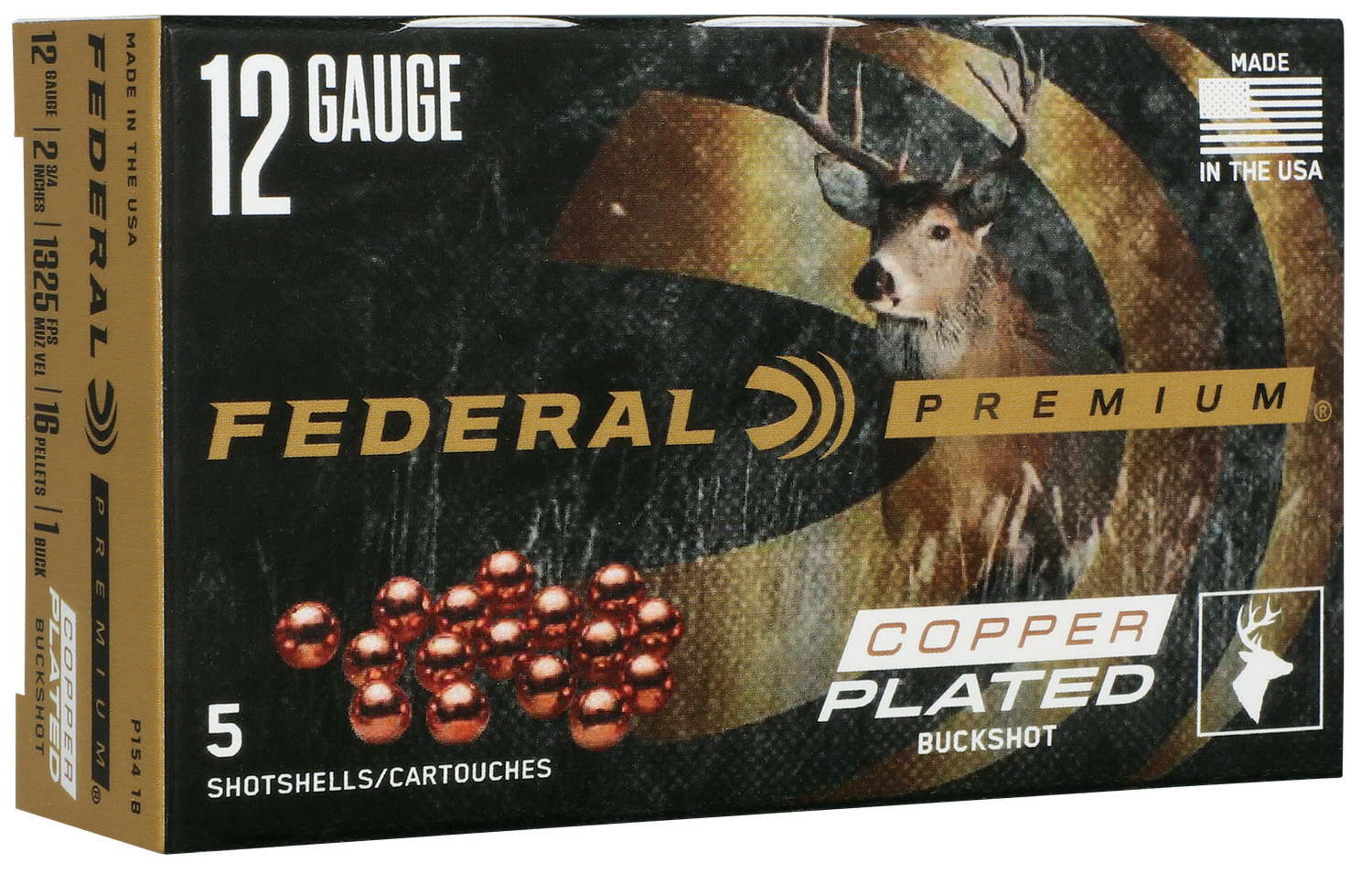 Federal Premium Copper Plated Buck Shotshells P1541B, 12 Gauge, 2-3/4", 16 Pellets, 1325 fps, #1 Buck, 5 Rds/box