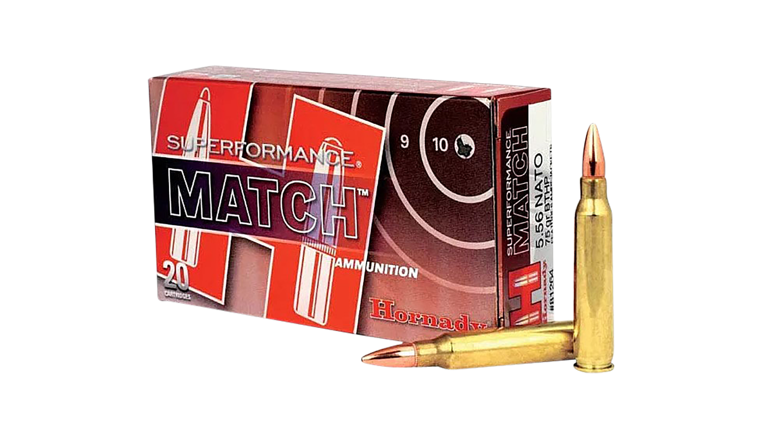 Hornady Superformance Match Rifle Ammunition 81264, 5.56 NATO, Boat Tail Hollow Point Match, 75 GR, 2910 fps, 20 Rd/bx