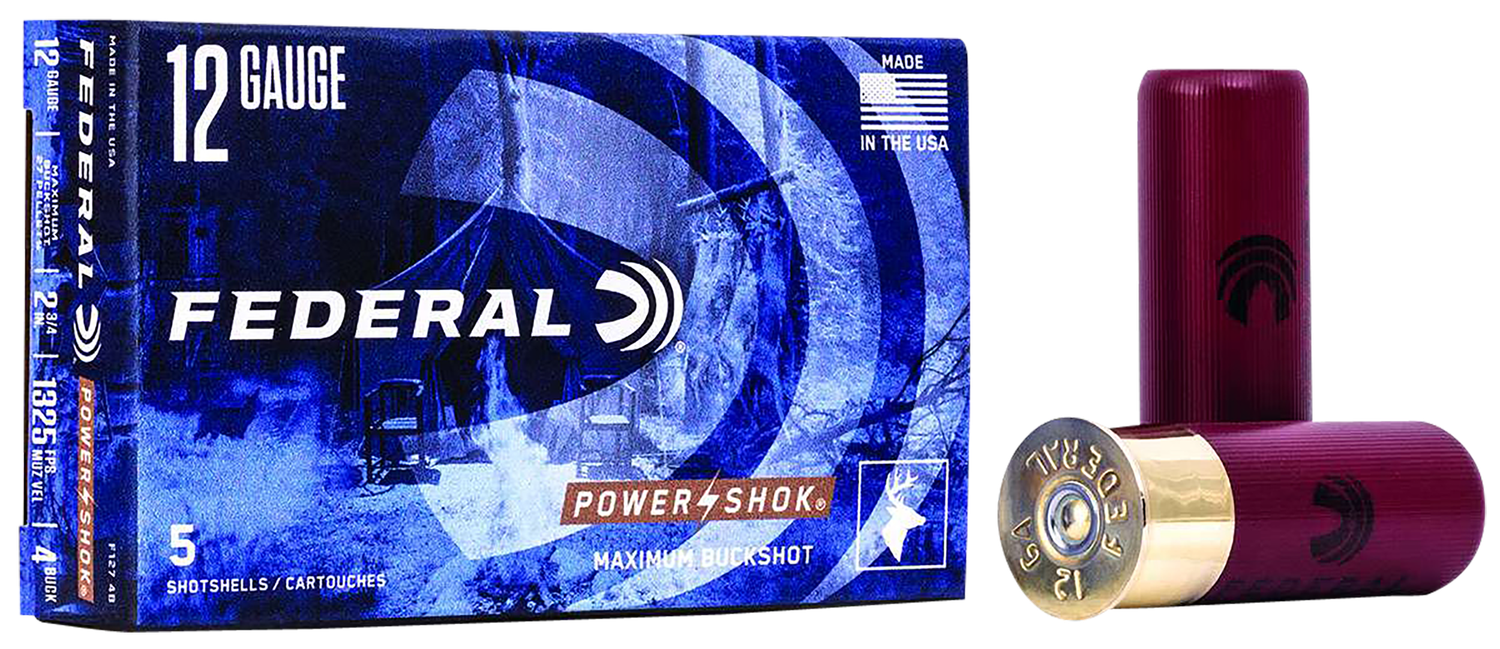 Federal Premium Power Shok F1274B, 12 Gauge, 2-3/4", 27 Pellets, 1325 fps, #4 Lead Buckshot, 5 Rd/bx