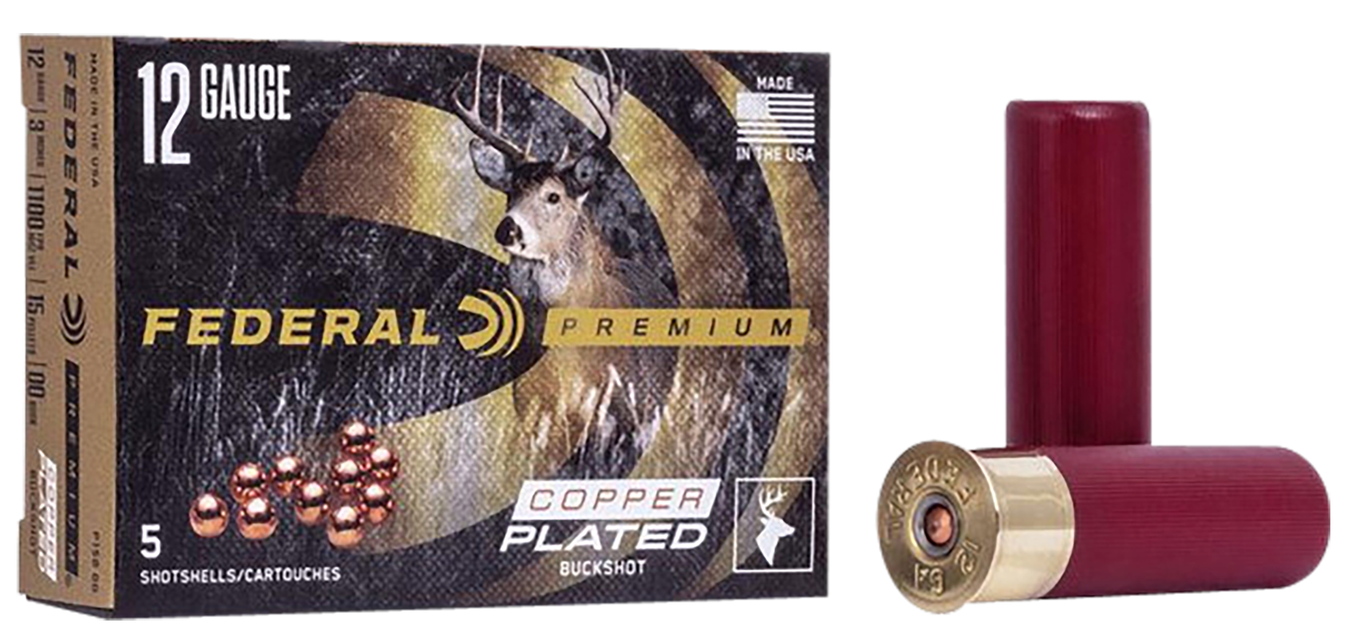 Federal Premium Vital-Shok P158, 12 Gauge, 3", 15 Pellets, 1100 fps, #00 Copper Plated Lead Buckshot, 5 Rd/bx