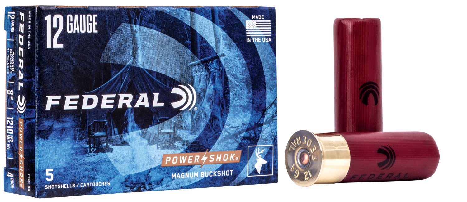 Federal Premium Power Shok F1314B, 12 Gauge, 3", 41 Pellets, 1210 fps, #4 Lead Buckshot, 5 Rd/bx