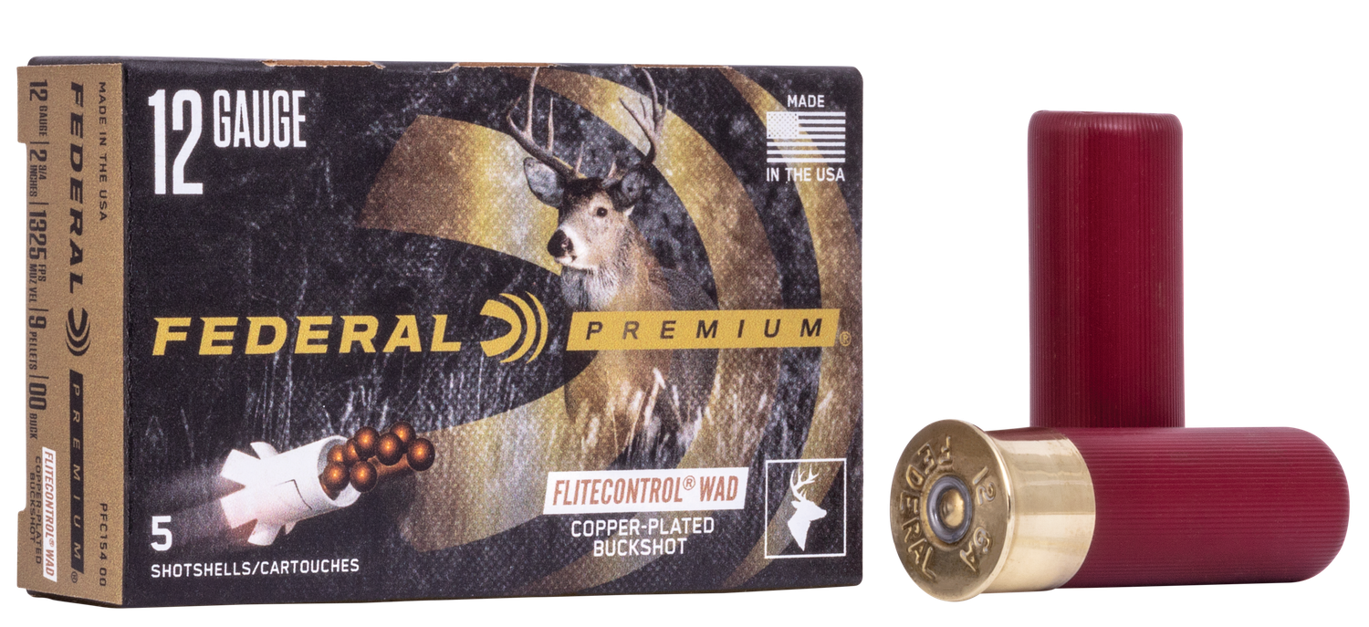 Federal Premium Vital-Shok PFC15400, 12 Gauge, 2-3/4", 9 Pellets w/Flitecontrol Wad, 1325 fps, #00 Copper Plated Lead Buckshot, 5 Rd/bx