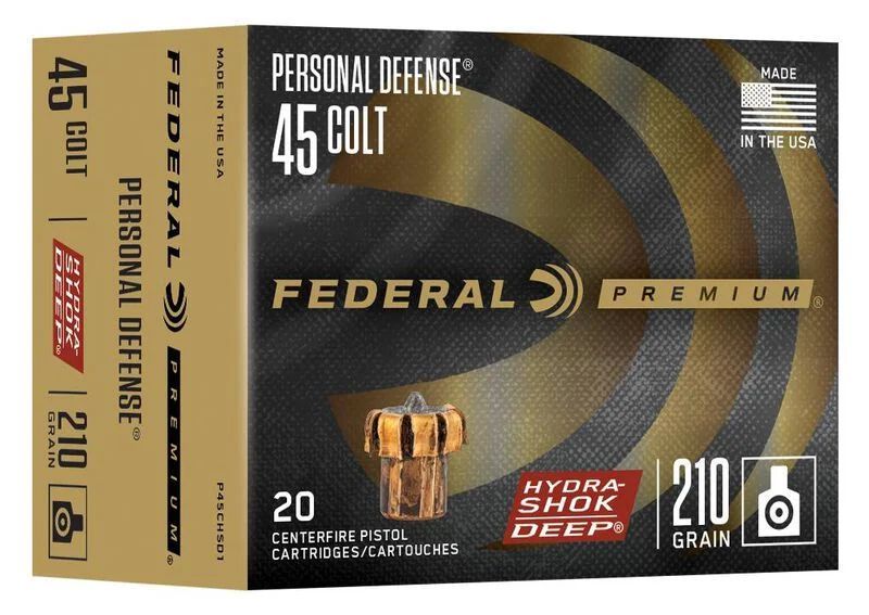 Federal Personal Defense Hydra-Shok Deep Handgun Ammunition P45CHSD1, 45 Long Colt, Jacketed HP, 210 GR, 913 fps, 20 Rd/bx