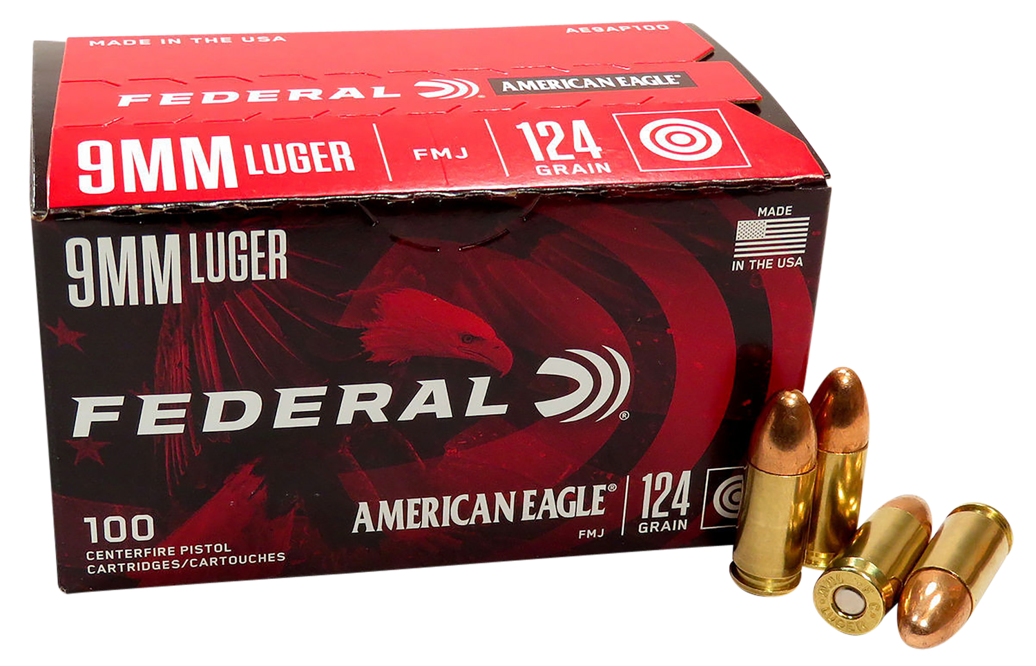 Federal American Eagle Pistol Ammunition AE9AP100, 9mm Luger, Full Metal Jacket, 124 gr, 1150 fps, 100 Rd/Bx