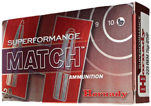 Hornady Superformance Match Rifle Ammunition 80264, 223 Remington, Hollow Point Boat Tail, 75 GR, 2930 fps, 20 Rd/bx
