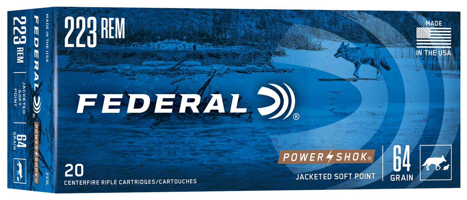 Federal Premium Power Shok Rifle Ammunition 223L, 223 Remington, Jacketed Soft Point (SP), 64 GR, 3090 fps, 20 Rd/bx