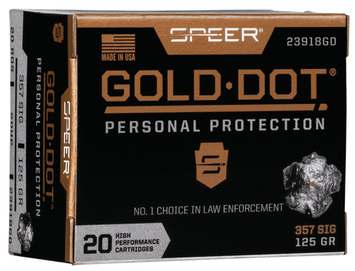 Speer Gold Dot Personal Protection Handgun Ammunition 23918GD, 357 Sig, Gold Dot HP, 125 GR, 1350 fps, 20 Rd/bx