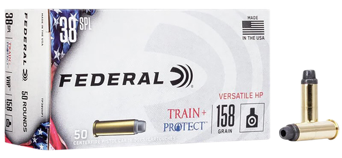 Federal Train & Protect Pistol Ammunition TP38VHP1, 38 Special, Versatile Hollow Point, 158 gr, 50 Rd/Bx
