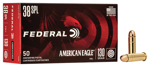 Federal American Eagle Handgun Ammunition AE38K, 38 Special, Full Metal Jacket (FMJ), 130 GR, 890 fps, 50 Rd/bx
