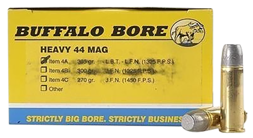 Buffalo Bore Handgun Ammunition 4A/20, 44 Magnum, Boat-Tail Lead Flat Nose (FN), 305 GR, 1325 fps, 20 Rd/Bx