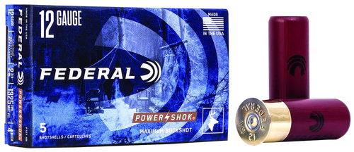 Federal Premium Power Shok F1274B, 12 Gauge, 2-3/4", 27 Pellets, 1325 fps, #4 Lead Buckshot, 5 Rd/bx