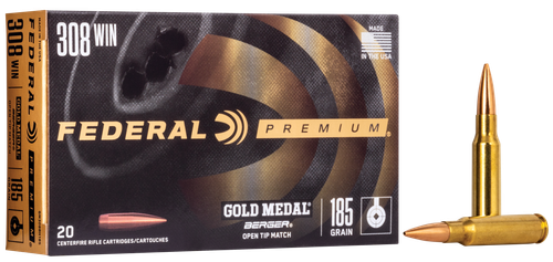 Federal Premium Gold Medal Berger Rifle Ammunition GM308BH185, 308 Winchester, Open Tip Match, 185 GR, 2600 fps, 20 Rd/Bx