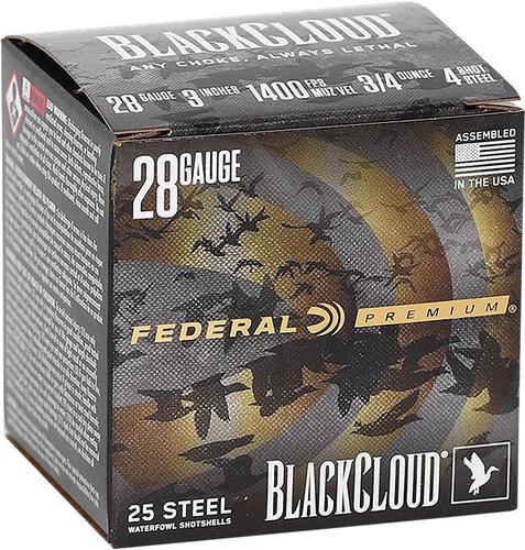 Federal Black Cloud Shotshells PWBX2854, 28 Gauge, 3", 3/4 oz, 1400 fps, #4 Steel Shot, 25 Rds/bx