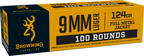 Browning Pistol Ammunition B9MM124VP, 9mm, FMJ, 124 GR, 1140 fps, 100 Rd/bx