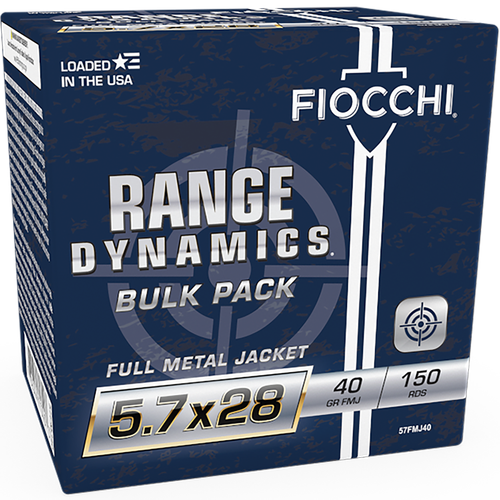 Fiocchi Range Dynamics Pistol Ammunition 57FMJ40, 5.7x28mm, Full Metal Jacket, 40 gr, 1700 fps, 150 Rd/Bx