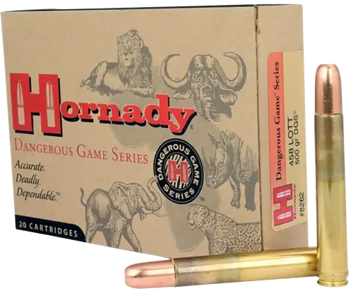 Hornady Rifle Ammunition 8262, 458 LOTT, Full Metal Jacket Round Nose (RN), 500 GR, 2300 fps, 20 Rd/bx