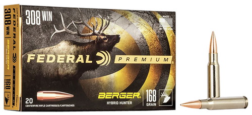 Federal Premium Berger Hybrid Rifle Ammunition P308BCH1, 308 Winchester, Berger Hybrid, 168 GR, 2700 fps, 20 Rds/Bx