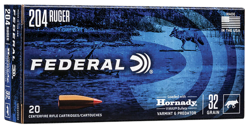 Federal Varmint & Predator Rifle Ammunition V204VM32, 204 Ruger, V-Max, 32 GR, 4100 fps, 20 Rd/bx