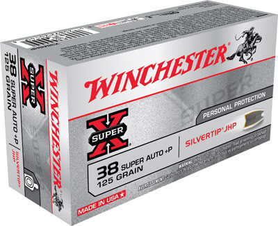 Winchester Super-X Pistol Ammunition X38ASHP, 38 Super Auto +P, Silvertip Hollow Point (HP), 125 GR, 1240 fps, 50 Rd/bx