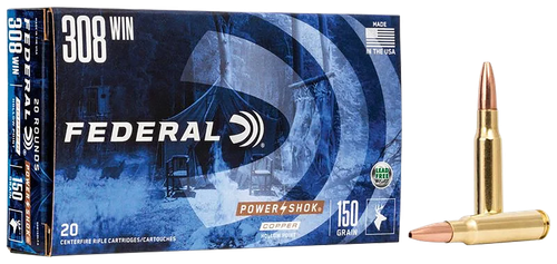 Federal PowerShok Lead Free Rifle Ammunition 308150LFA, 308 Winchester, Copper, 150 GR, 20 Rd/Bx