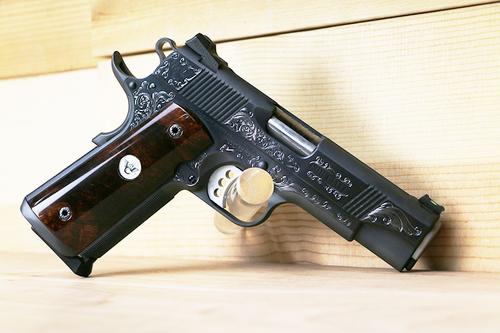 Wilson Combat 1911 CQB Elite Commander Pistol CQBECON45, 45 ACP, 4.25", High Polish Turnbull Finish, Hand Engraved, Desert Ironwood Grip, 8 Rds