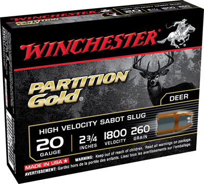 Winchester Supreme Partition Gold Slugs SSP20, 20 Gauge, 2-3/4", 260 grains, 1800 fps, Sabot Slug Copper/Lead, 5 Rd/bx