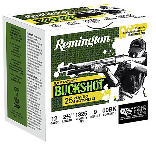Remington Express Buckshot 12B00A, 12 Gauge, 2-3/4", 9 Pellet, 1200 fps, 00 Buck, 25 Rds/Bx
