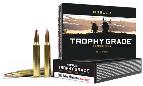 Nosler Trophy Grade Rifle Ammunition 48643, 300 Weatherby Magnum, AccuBond, 180 GR, 3125 fps, 20 Rd/Bx
