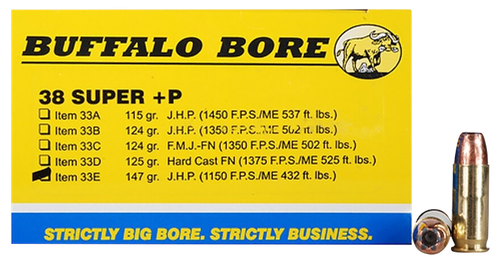 Buffalo Bore Handgun Ammunition 33E/20, 38 Super +P, Jacketed Hollow Point (JHP), 147 GR, 1150 fps, 20 Rd/Bx