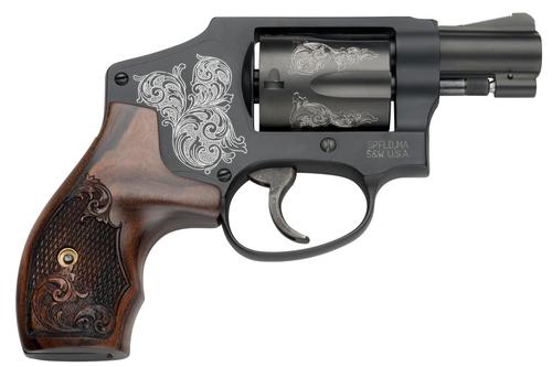 S&W Model 442 Revolver 150785, 38 Spl +P, 1.88", Engraved Wood Grip, Engraved Black Aluminum J-Frame, 5 Rds