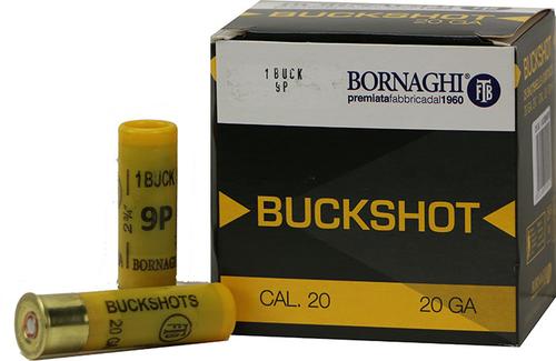 Bornaghi Buckshot Loads 20BUCK1, 20 Gauge, 2-3/4", #1 Buck, 9 Pellets, 1345 fps, 25 Rds/Bx