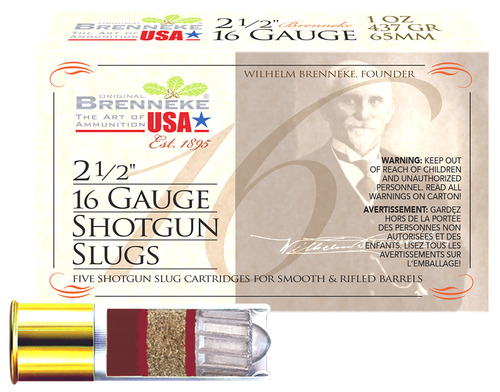 Brenneke 16 Shotshells SL162BR, 16 Gauge, 2-1/2", 1 oz, 1350 fps, Slug, 5 Rds/box