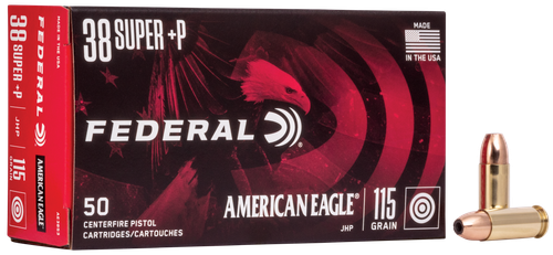 Federal American Eagle Pistol Ammunition AE38S3, 38 Super +P, Jacketed Hollow Point (JHP), 115 GR, 1130 fps, 50 round