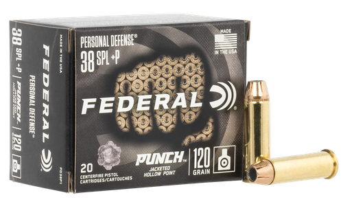 Federal Premium Punch Pistol Ammunition PD38P1, 38 Special, Jacketed Hollow Point (JHP), 120 gr, 1000 fps, 20 Rd/Bx