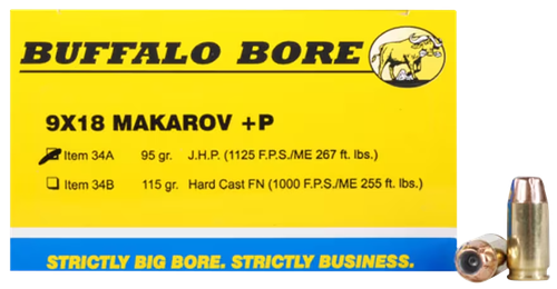 Buffalo Bore Handgun Ammunition 34A/20, 9x18mm +P (9mm Makarov), Jacketed Hollow Point (JHP), 95 GR, 1125 fps, 20 Rd/Bx