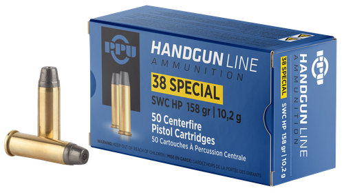 Prvi Partisan Pistol Ammunition PPH38SH, 38 Special, Semi Wadcutter Hollow Point, 158 gr, 902 fps, 50 Rd/Bx
