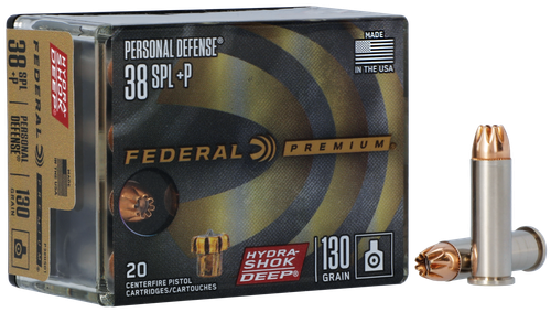 Federal Premium Pistol Ammunition P38HSD1, 38 Special, Hydra-Shok Deep Hollow Point, 130 gr, 900 fps, 20 Rd/Bx