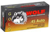 Wolf Gold Pistol Ammunition G45HP1, 45 ACP, Semi-Jacketed Hollow Point (HP), 185 GR, 935 fps, 50 Rd/bx Wolf Gold Pistol Ammunition G45HP1, 45 ACP, Semi-Jacketed Hollow Point (HP), 185 GR, 935 fps, 50 Rd/bx