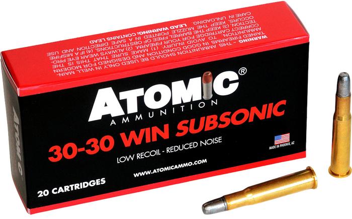 Atomic Rifle Ammunition 00410, 30-30 Win, Lead Round Nose Flat Point, 165 gr, 1050 fps, 20 Rd/Bx