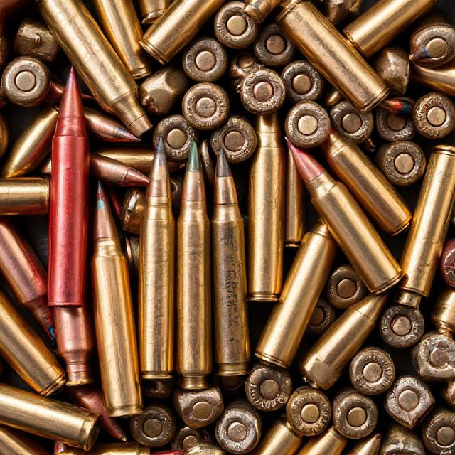 A dense pile of assorted rifle cartridges, including several with colored tips and casings in brass and red tones.