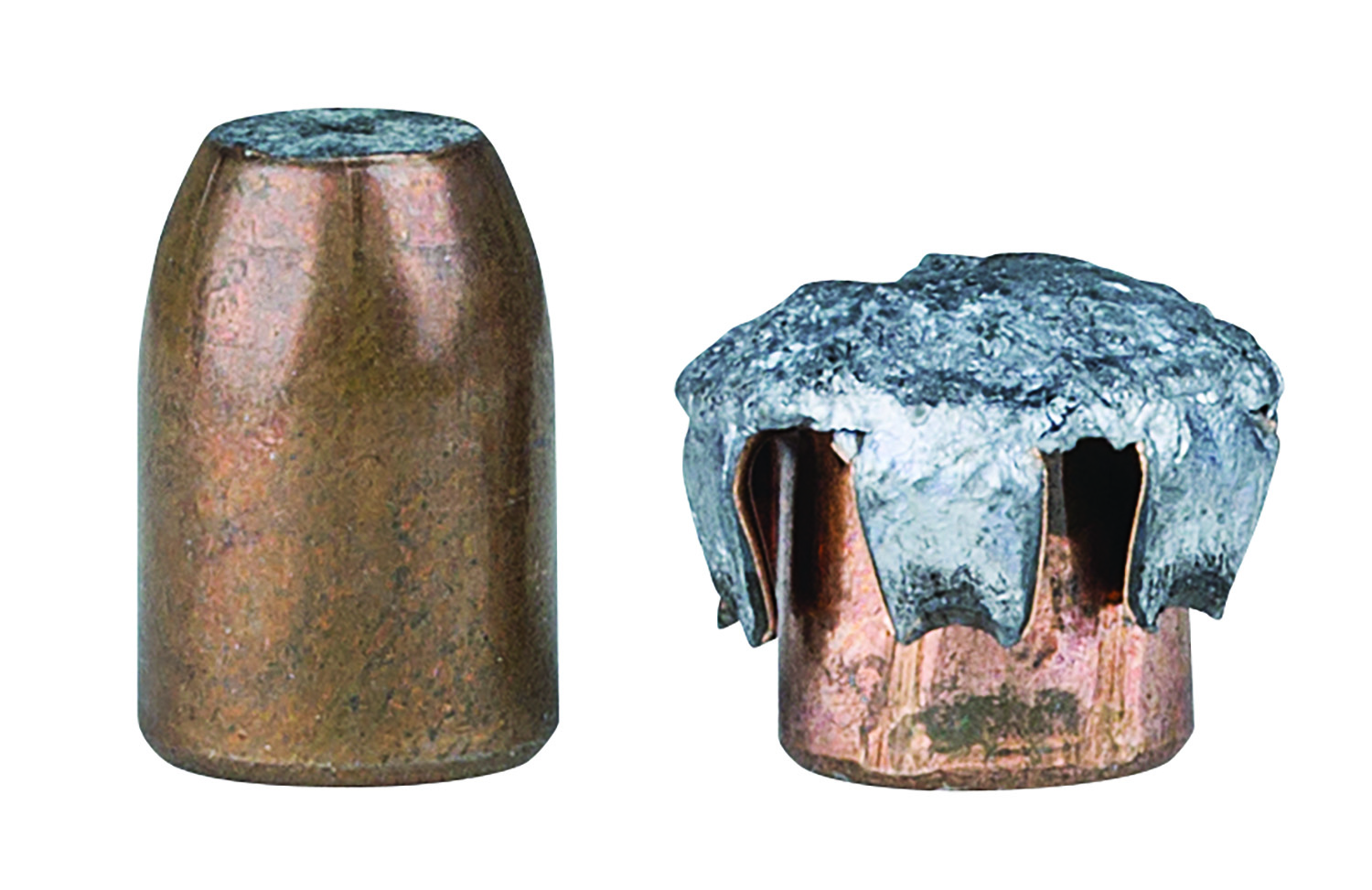 Side-by-side comparison of a Federal Premium Vital-Shok 10mm 180 grain Trophy Bonded JSP bullet before and after expansion