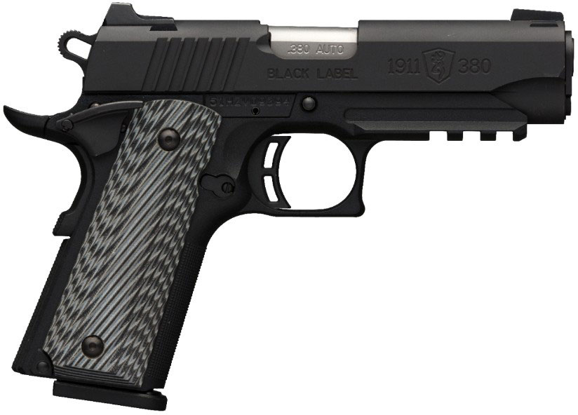 Browning 1911-380 Black Label Pro Compact Pistol w/Rail 051909492, 380 ACP, 3 5/8", G10 Grips, Black, 3-Dot Sight, 8 Rd