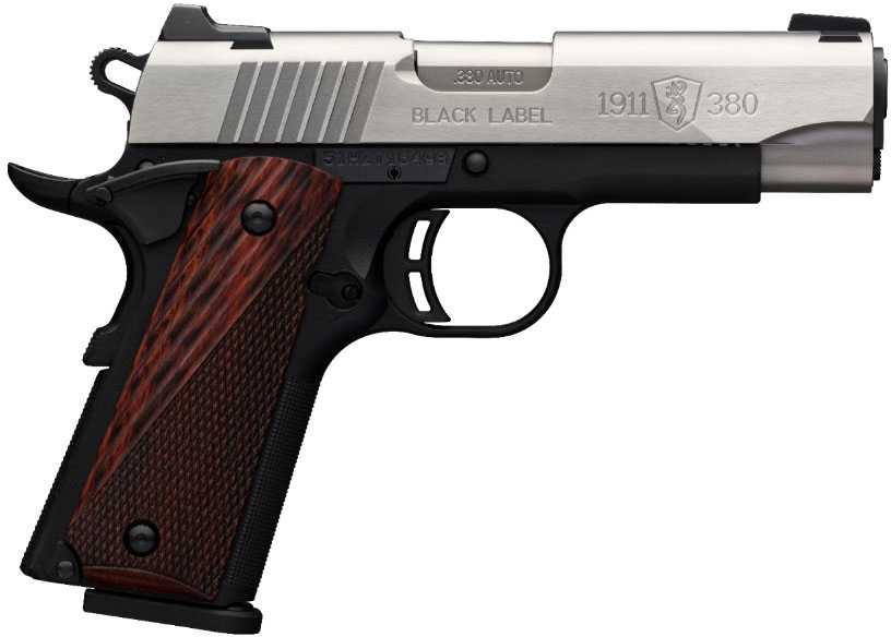 Browning 1911-380 Black Label Medallion Stainless Compact Pistol 051931492, 380 ACP, 3.58", Rosewood Grips, Matte Black Finish, 8 Rds