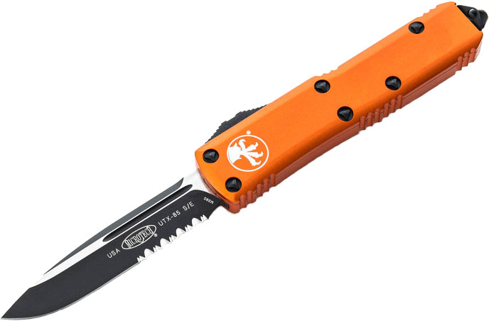 Microtech UTX-85 Out-The-Front Automatic Knife, Black Part Serrated Blade, Orange Aluminum Handles (231-2OR)