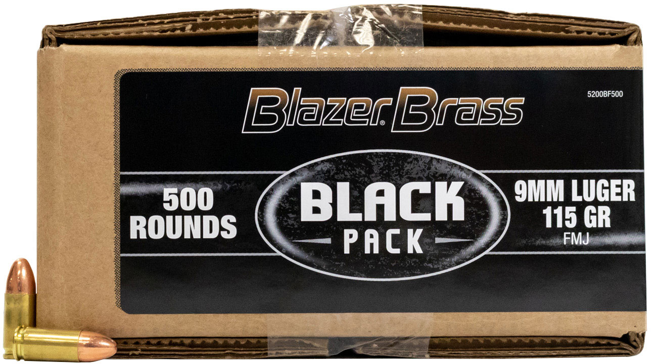 CCI Blazer Brass Pistol Black Pack Ammunition 5200BF500, 9mm, FMJ, 115 GR, 1145 fps, 500 Rds/Bx