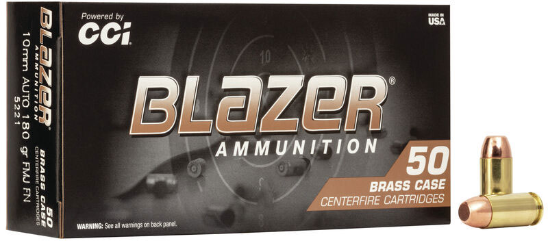 CCI Blazer Brass Pistol Ammunition 5221, 10mm, Full Metal Jacket (FMJ), 180 GR, 1200 fps, 50 Rd/bx