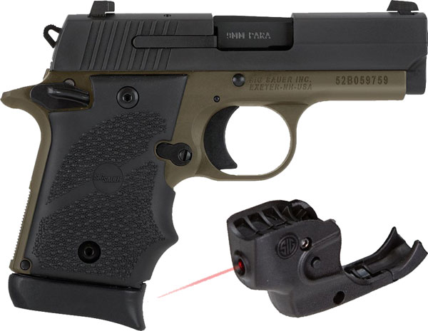 Sig Sauer P938 Pistol 9389DBLSRAMBI, 9mm, 3", Hogue Rubber Grip, FDE Finish, Contrast Sights 7 Rd
