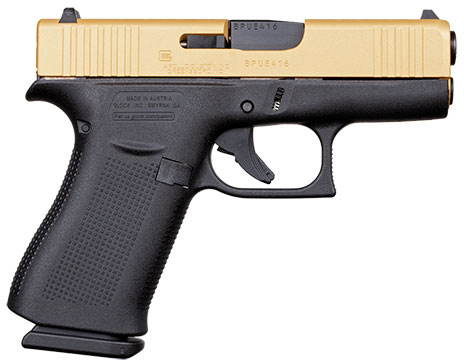 Glock 43X Apollo Custom Pistol ACG57005, 9mm, 3.41", Black Synthetic Grips, Cerakote Gold Finish, Fixed Sights, 10 Rds